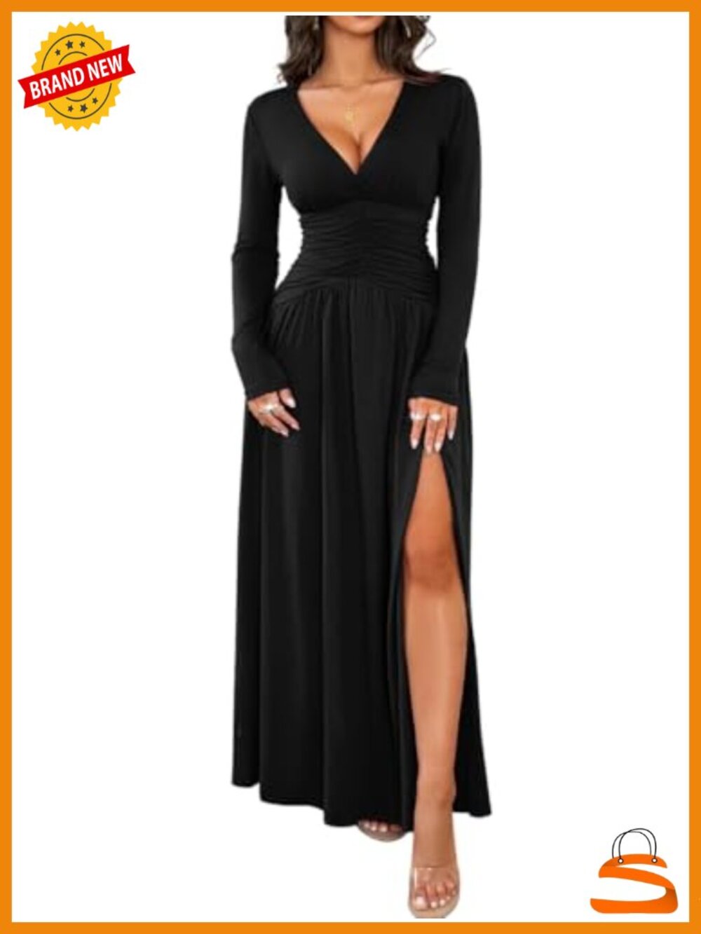 Kaei&Shi Long Sleeve Deep V Neck High Slit Maxi Dress Semi-Formal